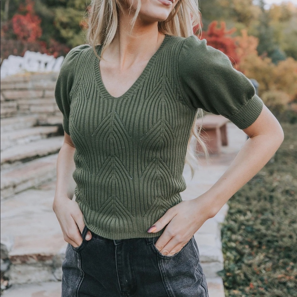 Brand New from One Loved Babe ~ Olive Green Blouse with Puffy Sleeves ~ Medium